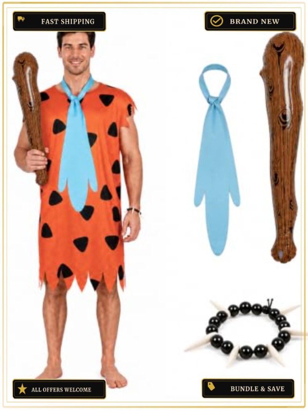 Men's Caveman Costume 4-Piece Stone Age Tunic Tie Inflatable Club